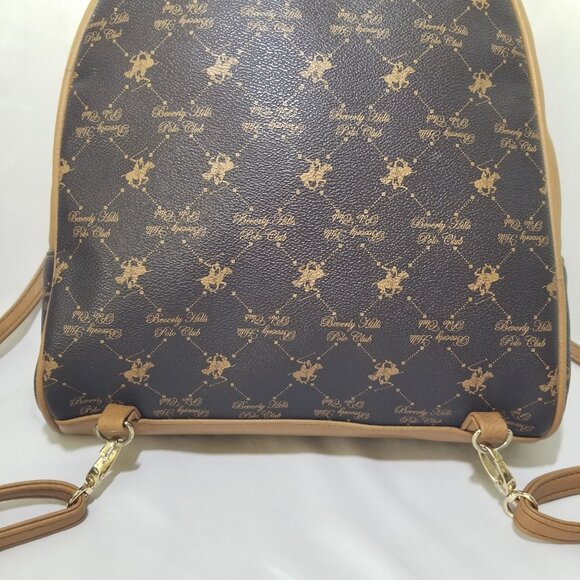 Beverly Hills Polo Club Womens Monogram Backpack Purse Brown Beige Zipper Close - Picture 9 of 16